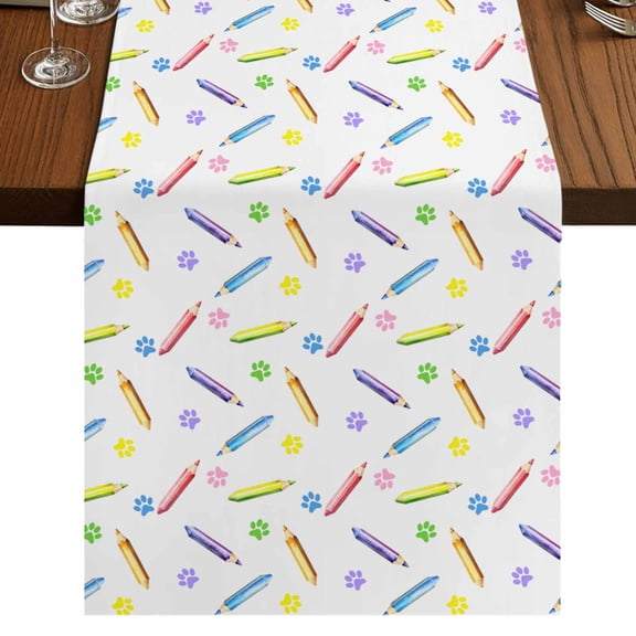 Cartoon 36 Inch Table Runner, Cute Colorful Pencil Paw Funny Print Farmhouse Dresser Scarf Cotton & Linen Tablerunner for Dining/Kitchen Island/Holiday Party Décor Small 13" x 36"