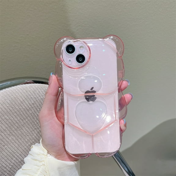 Cartoon 3D bear shape super cute design Clear Case for iPhone 14 13 11 12 pro XS Max XR X Korea love heart lens protection cover