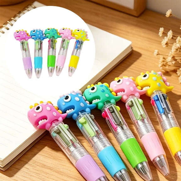 Cartoon 4 Color Ballpoint Pen Multi Color Pen Grinning Dinosaur Design 4 in 1 Retractable Pen Black Blue Red Green Ink for Office Daily Use