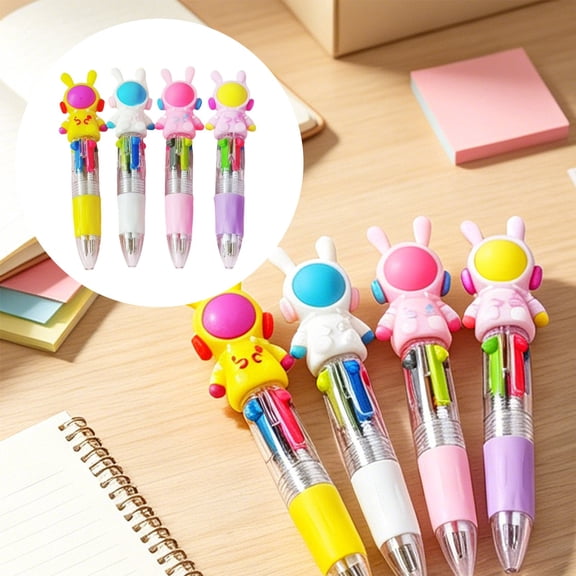 Cartoon 4 Color Ballpoint Pen Multi Color Pen Rabbit Astronaut Design 4 in 1 Retractable Pen Black Blue Red Green Ink for Office Daily Use