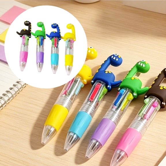 Cartoon 4 Color Ballpoint Pen Multi Color Pen Spotted Dinosaur Design 4 in 1 Retractable Pen Black Blue Red Green Ink for Office Daily Use