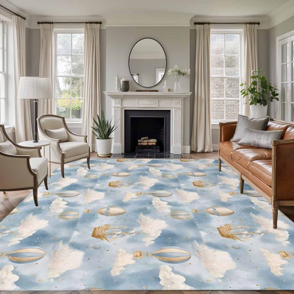 Cartoon 8'x10' Large Area Rug for Living Room Sectional Sofa, Watercolor Blue Sky Fantasy Hot Air Balloon Cute Cloud Non Slip Low Pile Rectangle Area Rug, Machine Washable Indoor Outdoor Mat