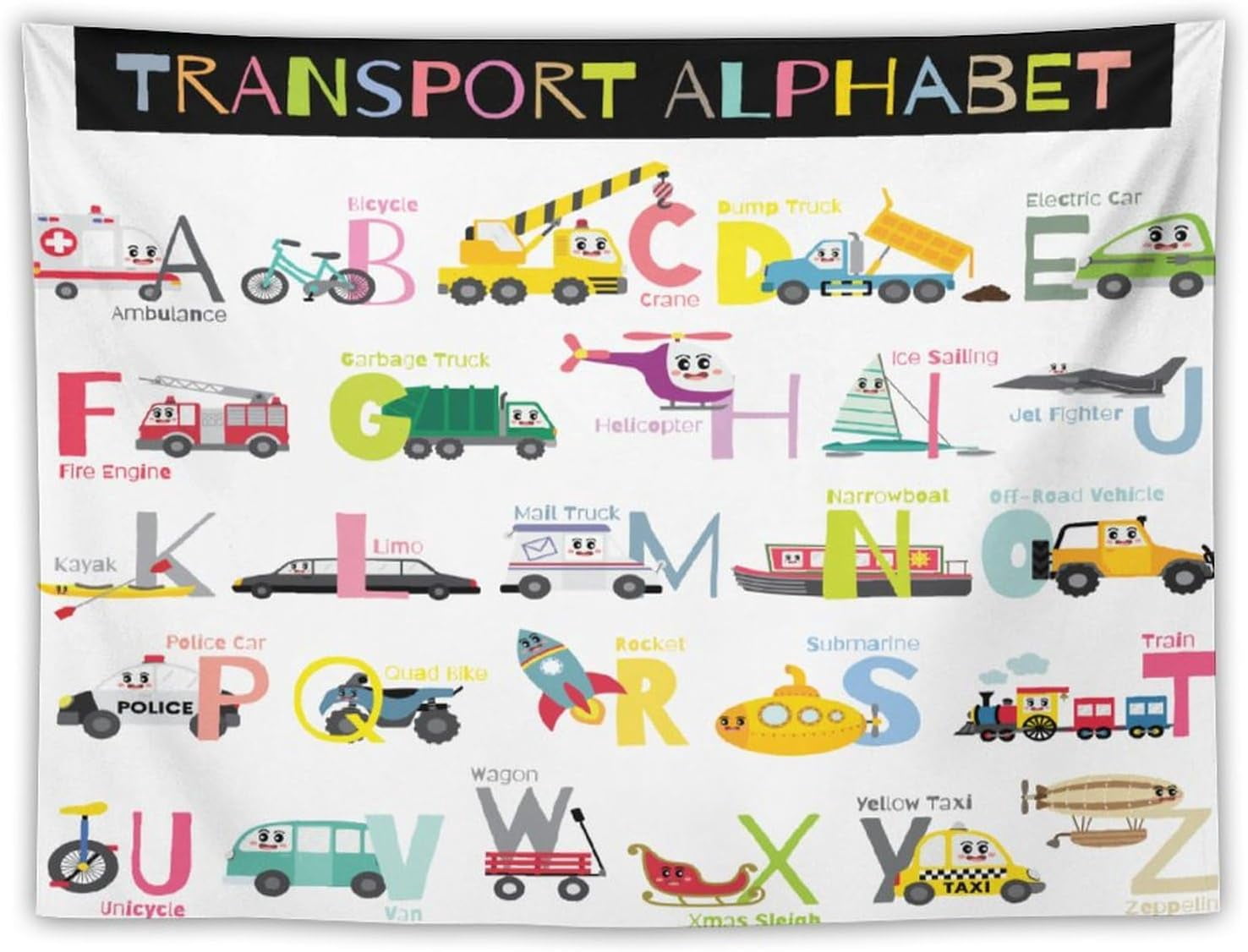 Cartoon ABC Alphabet Tapestry for Kids Boys Girls, Cute Car Plane Funny ...