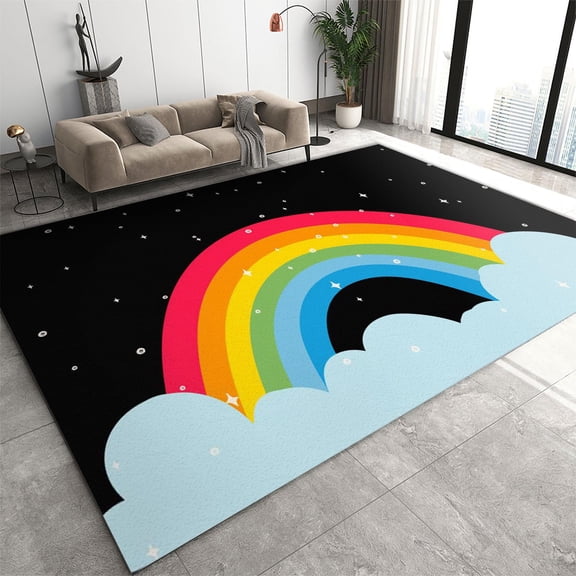 Cartoon Abstract Colorful Rainbow Clouds Playroom Rug- Modern Fashion Home Decor Black Area Rug, Anti-Slip Low Pile Foldable Washable Mat For Living Room Entryway Hallway Classroom Girls Room