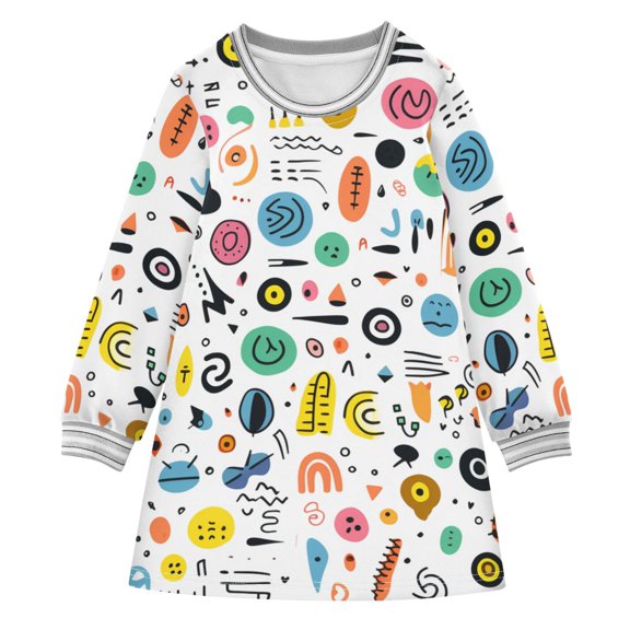 Cartoon Abstract Punctuations Hand Drawn Long-sleeved Dress A-line Dress for 2-8 Years Casual Party 2T