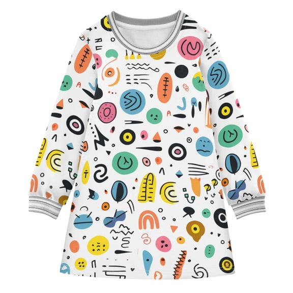 Cartoon Abstract Punctuations Hand Drawn Long-sleeved Dress A-line Dress for 2-8 Years Casual Party 5-6Y