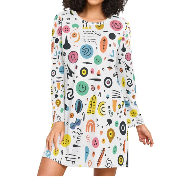 Cartoon Abstract Punctuations Hand Drawn Women's Long Sleeves Nightgowns Sleepwear Soft Pajama A-line Sleep Dress XXXL
