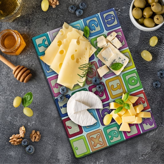 Cartoon Activity Cutting Board, Colorful English Alphabet Blocks Balloon Letter Design, Decorative Tempered Glass Cutting and Serving Board, Small Size, Multicolor, by Ambesonne
