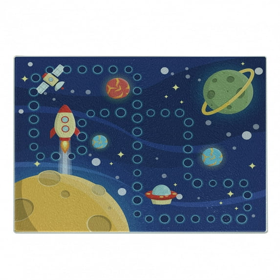 Cartoon Activity Cutting Board, Colorful Space Activity Board Interplanetary Travel Racing in Cosmos, Decorative Tempered Glass Cutting and Serving Board, Small Size, Multicolor, by Ambesonne