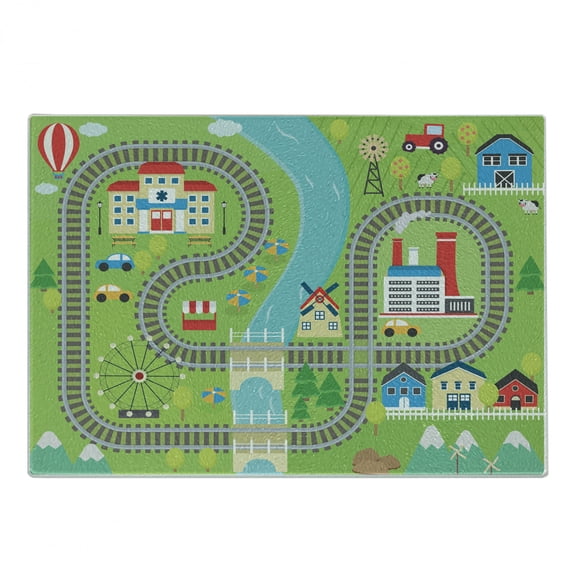 Cartoon Activity Cutting Board, Country Community Themed Activity Filled Town Amusement Park Farm Hospital, Decorative Tempered Glass Cutting and Serving Board, Small Size, Multicolor, by Ambesonne