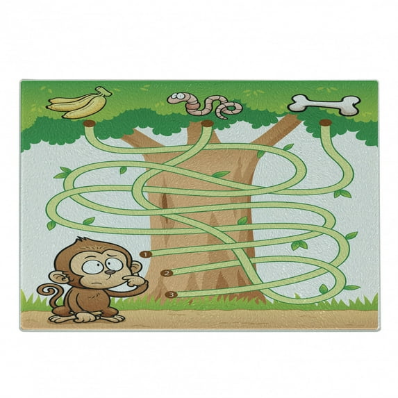 Cartoon Activity Cutting Board, Curious Monkey Trying to Reach the Banana Maze Design Pathway Funky Forest, Decorative Tempered Glass Cutting and Serving Board, Small Size, Multicolor, by Ambesonne