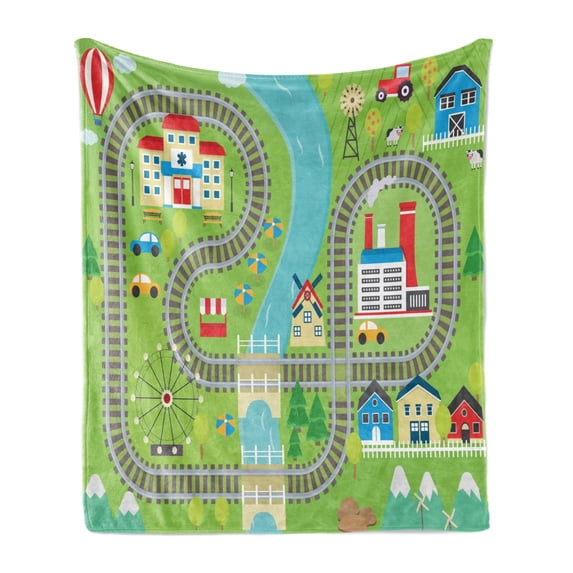 Cartoon Activity Soft Flannel Fleece Blanket, Country Community Themed Activity Filled Town Amusement Park Farm Hospital, Cozy Plush for Indoor and Outdoor Use, 70" x 90", Multicolor, by Ambesonne