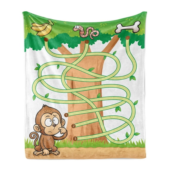 Cartoon Activity Soft Flannel Fleece Blanket, Curious Monkey Trying to Reach the Banana Maze Design Pathway Funky Forest, Cozy Plush for Indoor and Outdoor Use, 70" x 90", Multicolor, by Ambesonne