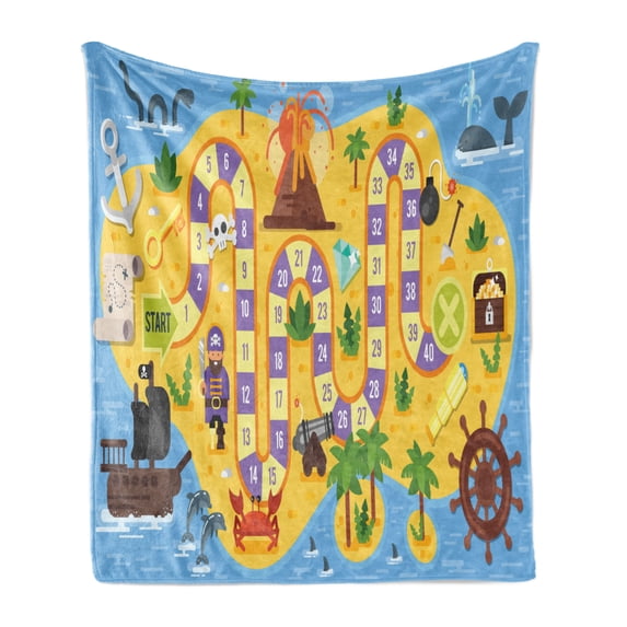 Cartoon Activity Soft Flannel Fleece Blanket, Finding Treasure of the Pirate Themed Board Game Style Colorful Island Map, Cozy Plush for Indoor and Outdoor Use, 50" x 70", Multicolor, by Ambesonne