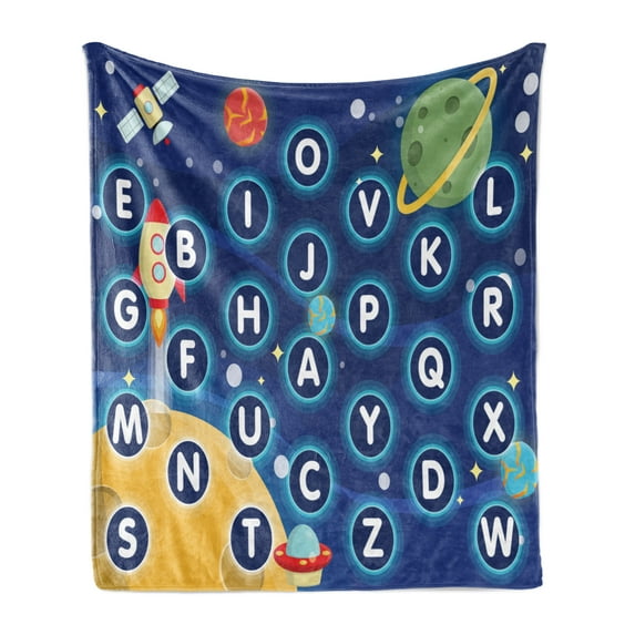 Cartoon Activity Soft Flannel Fleece Blanket, Random Letters of the Alphabet in the Outer Space with Planets and Stars, Cozy Plush for Indoor and Outdoor Use, 60" x 80", Multicolor, by Ambesonne