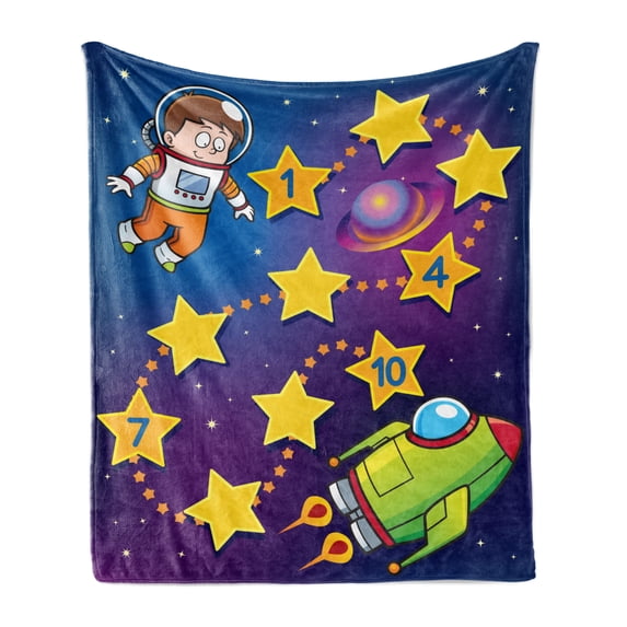 Cartoon Activity Soft Flannel Fleece Blanket, Space Themed Educational Numbers Game Astronaut Reaching to the Spaceship, Cozy Plush for Indoor and Outdoor Use, 70" x 90", Multicolor, by Ambesonne