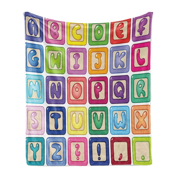 Cartoon Activity Soft Flannel Fleece Throw Blanket, Colorful English Alphabet Blocks Childrens Balloon Letter Design, Cozy Plush for Indoor and Outdoor Use, 50" x 60", Multicolor, by Ambesonne
