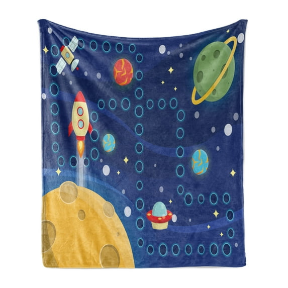 Cartoon Activity Soft Flannel Fleece Throw Blanket, Colorful Space Activity Board Interplanetary Travel Racing in Cosmos, Cozy Plush for Indoor and Outdoor Use, 50" x 60", Multicolor, by Ambesonne
