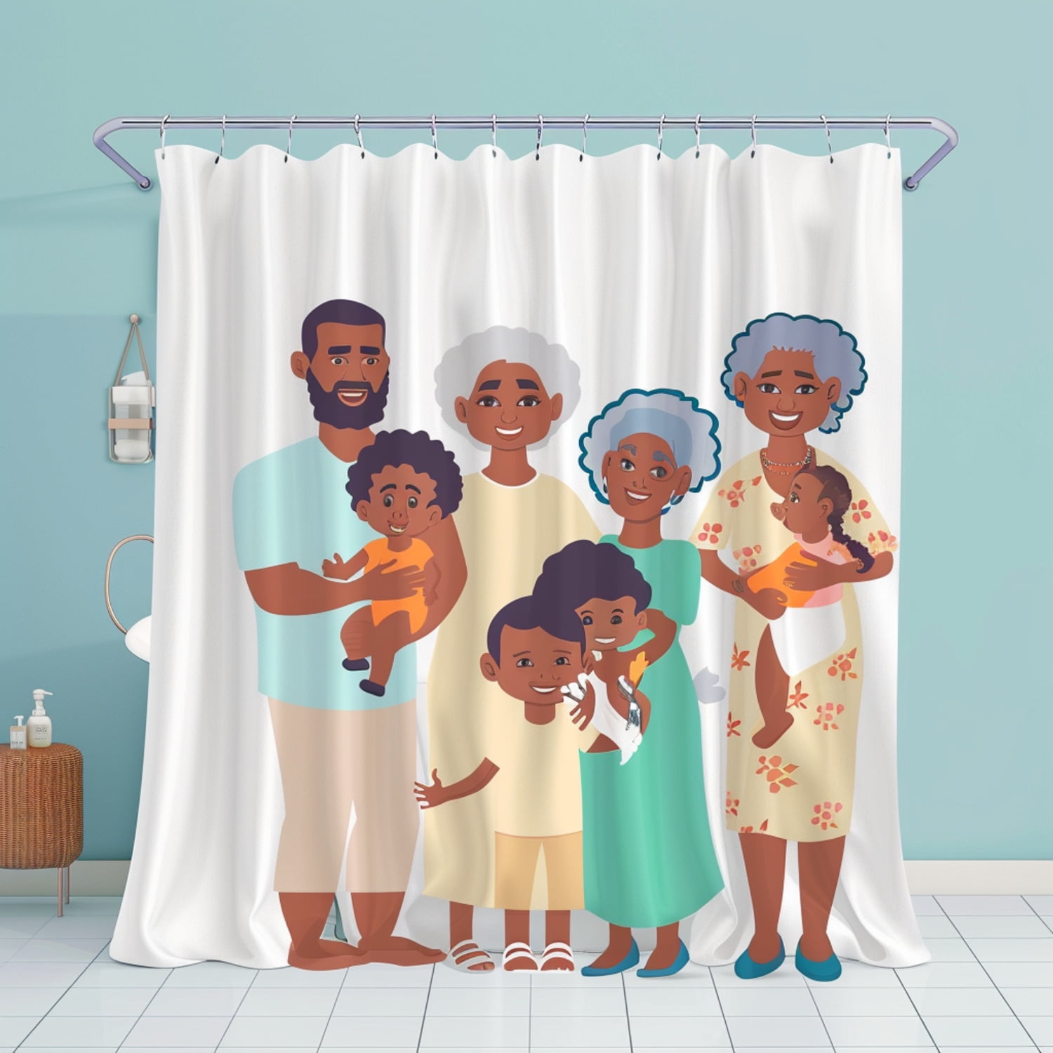 Cartoon African American Family Portrait Shower Curtain with Kids and Grandmothers on Light Blue