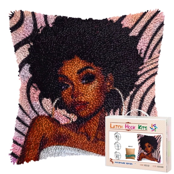 Cartoon African Woman DIY Latch Hook Pillow Kits for Adults Printed Pillowcase Crochet Yarns Hooking Handmade Pillow Cover Cushion for Home Sofa Decoration 17x17inch(2)