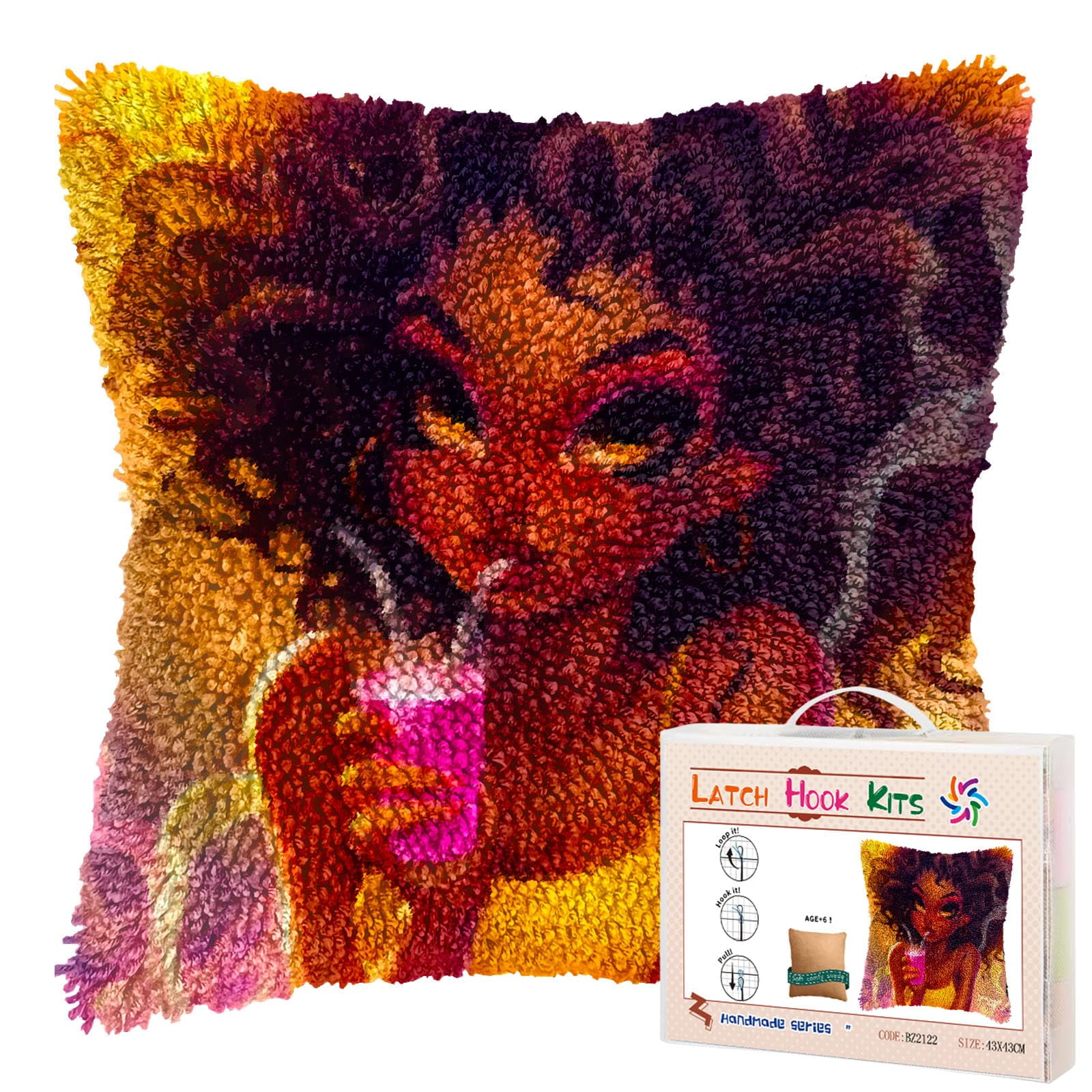 Cartoon African Woman Drink DIY Latch Hook Pillow Kits for Adults Printed Pillowcase Crochet Yarns Hooking Handmade Pillow Cover Cushion for Home Sofa Decoration 17x17inch