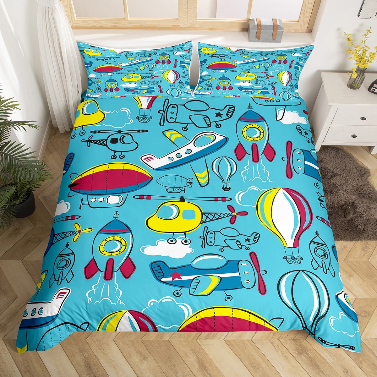 Cartoon Airplane Comforter Cover for Toddler Youth Flight Aircraft Hot