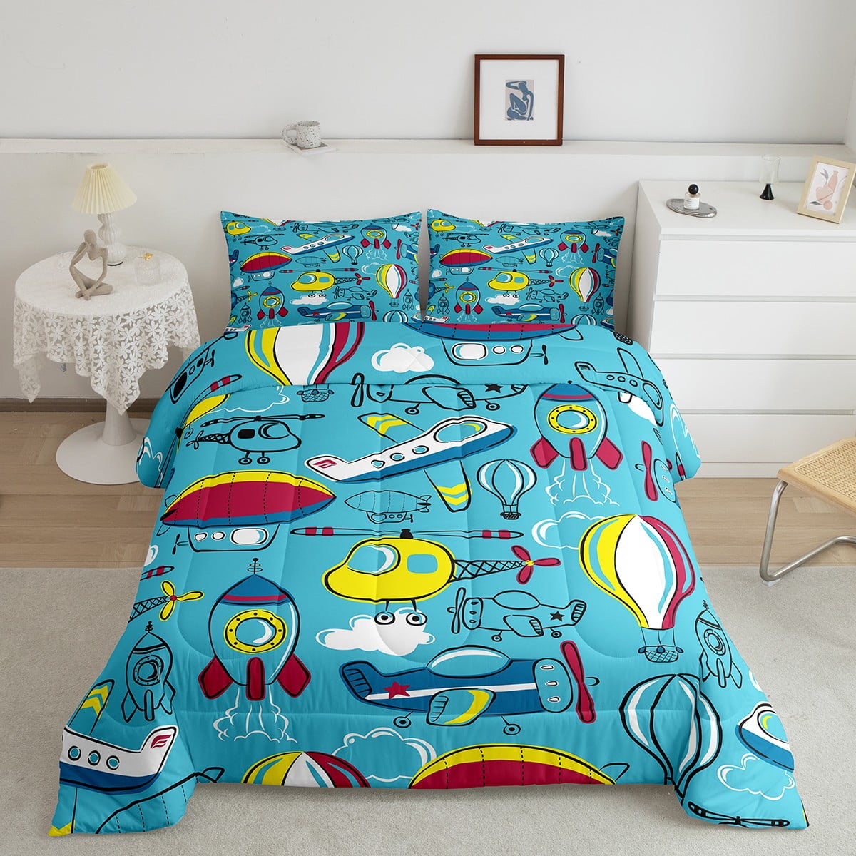 Cartoon Airplane Comforter Set for Toddler Youth Flight Aircraft Hot Air Balloon Bedding Flying