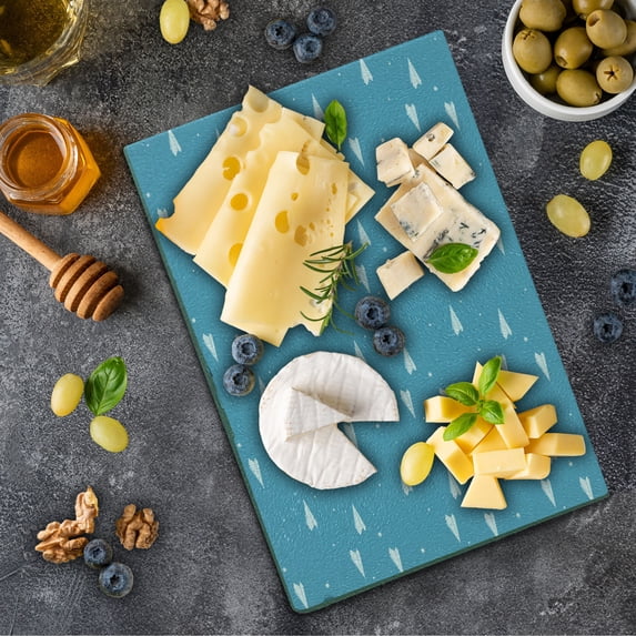 Cartoon Airplane Cutting Board, Fun Play Theme Paper Airplane Routes as Heart Shapes and Stars, Decorative Tempered Glass Cutting and Serving Board, Small Size, Blue and White, by Ambesonne