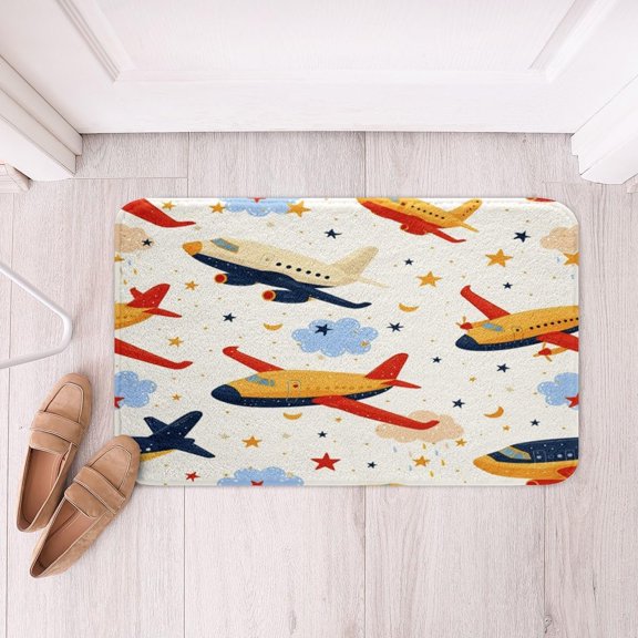 Cartoon Airplane Polyester Bath Rug With Moon Star Cloud Pattern Soft Fleece Non Slip Bathroom Floor Door Mat Colorful Indoor Doormat, 16 x 24 Inch