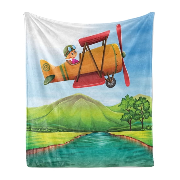 Cartoon Airplane Soft Flannel Fleece Blanket, Child Girl Flying Biplane over the River Green Field with Hills and Trees, Cozy Plush for Indoor and Outdoor Use, 50" x 60", Multicolor, by Ambesonne