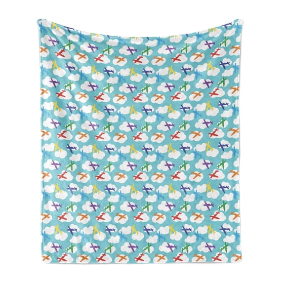 Cartoon Airplane Soft Flannel Fleece Throw Blanket, Colorful Joyous Travel Fantasy Pattern Planes Clouds in Sky, Cozy Plush for Indoor and Outdoor Use, 60" x 80", Multicolor, by Ambesonne