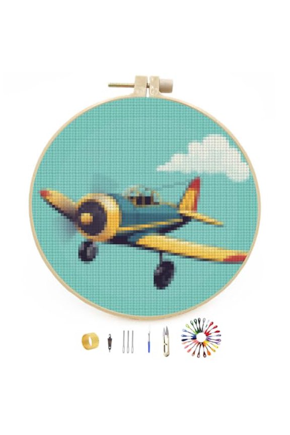 Cartoon Airplane Stamped Cross Stitch Kits for Beginners with Hoop Simple Patterns 11CT Counted Embroidery Needlepoint Crafts Arts for DIY Enthusiasts and Home Decor 26x26cm
