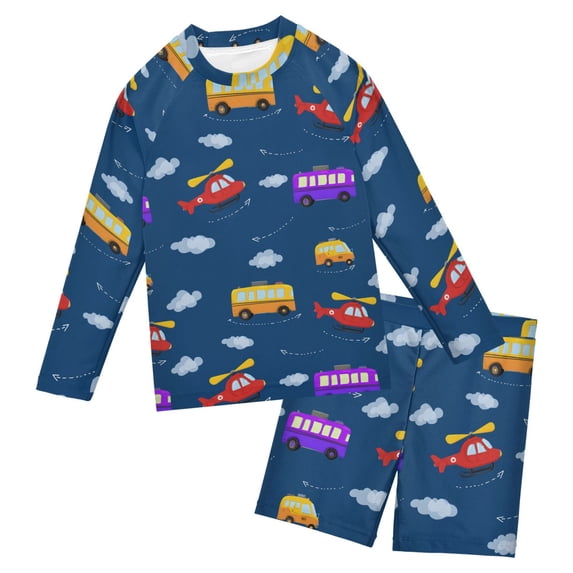 Cartoon Airplane and Car Pattern Boys' Bathing Suit UPF 50+ Boys' Rash ...