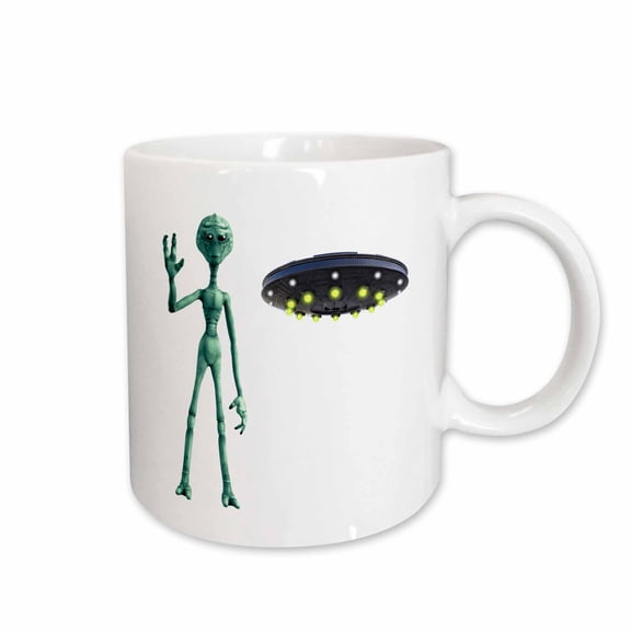 3drose, Cartoon Alien from Outer Space and Flying Saucer, 15oz Mug