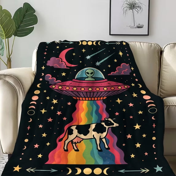 Cartoon Alien UFO Pattern Print Flannel Throw Blanket