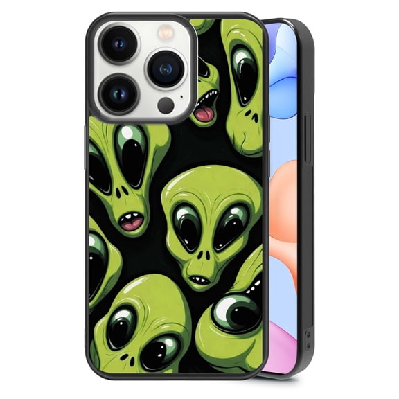 Cartoon Aliens Fantasy for iPhone 14 Pro Case, Cute Aesthetic Star Universe Shock-Absorbent Protective,Black