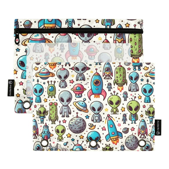 Cartoon Alient and Rocket 2 Pack Pencil Pouch for 3 Ring Binder Smooth Zipper Folders with Pockets Clear Window Pencil Case