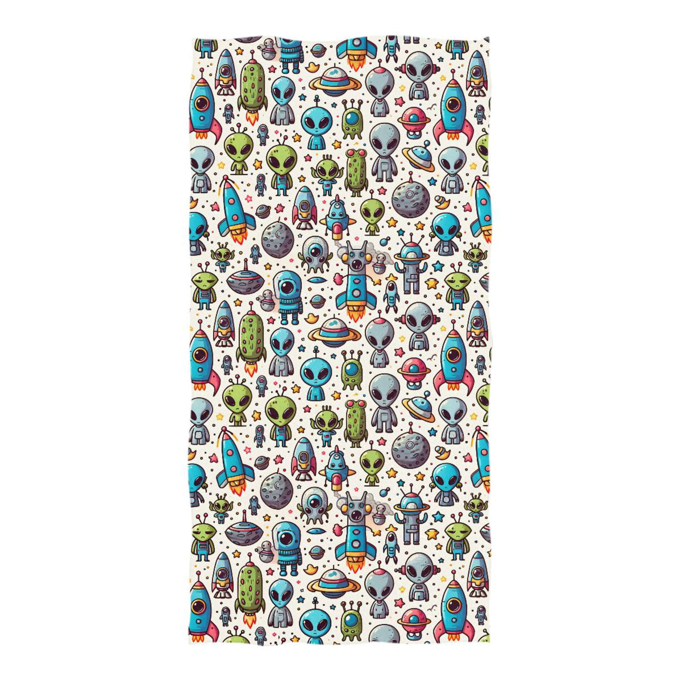 cartoon-alient-and-rocket-beach-towel-oversized-74-x37-pool-towels