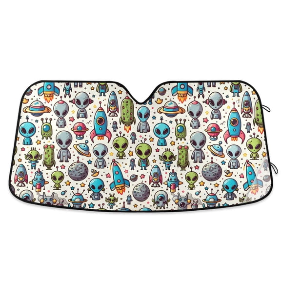 Cartoon Alient and Rocket Car Windshield Sun Shade Foldable Car Front Window Visor Heat and UV Protection 55x27.6
