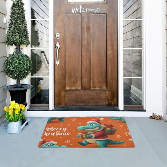 Cartoon Alligator Crocodile with Christmas Gift Doormats Welcome Mats Gate Pads Entryway Outdoor 32" x 20"