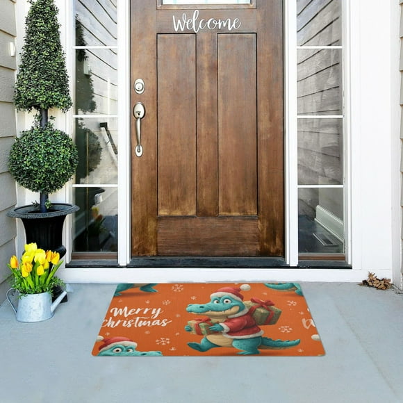 Cartoon Alligator Crocodile with Christmas Gift Doormats Welcome Mats Gate Pads Entryway Outdoor 32" x 20"