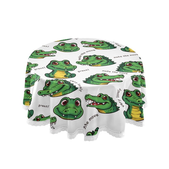 Cartoon Alligator Pattern Round Lace Tablecloth 60 Inch Polyester Wrinkle Resistant Decorative