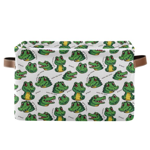 Cartoon Alligator Pattern Storage Basket Canvas Waterproof PE Lining PU Leather Handles Collapsible 14.2x10.2x8.3in