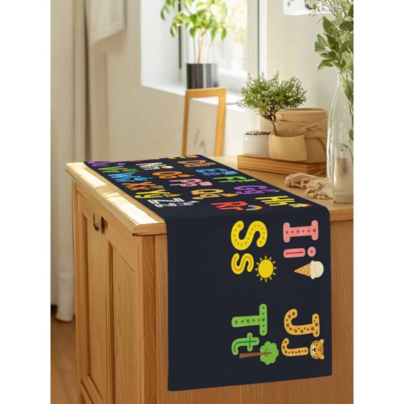 Cartoon Alphabet Cute Table Runner 36 Inches Long,Kitchen Dining Tablerunners Colorful Letters Pattern Linen Table Runners Dresser Scarves for Home Dinner Wedding Holiday Party Decor
