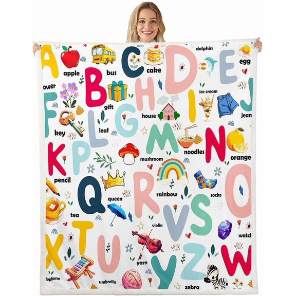 Cartoon Alphabet Sherpa ABC Alphabet Fleece Throw for Kids Cute Educational Alphabet Plush Learning Educational Fuzzy 60" x 80"