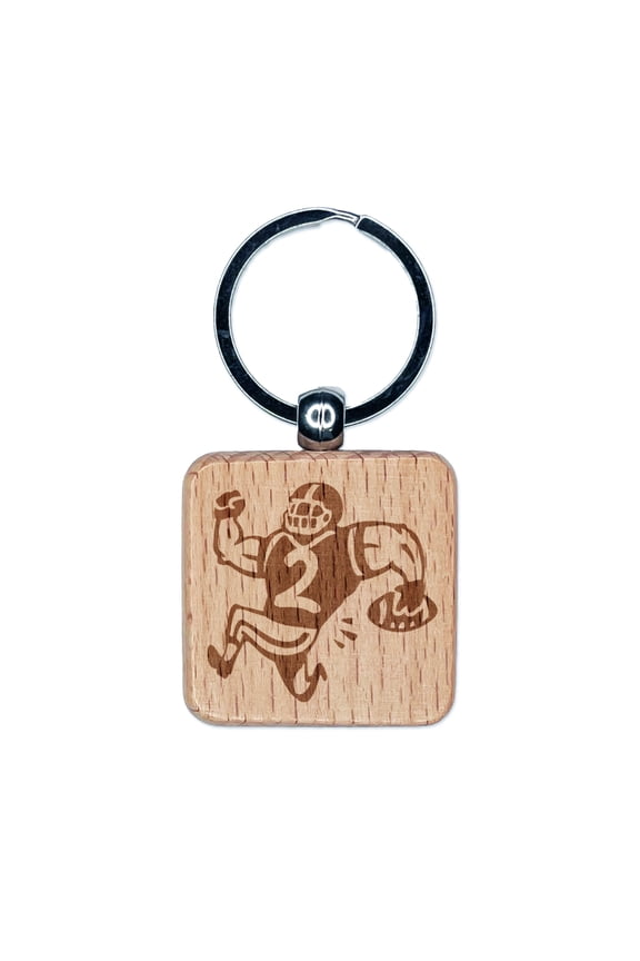 Cartoon American Football Player Running with Ball Square Keychain Charm Tag - Engraved Wood