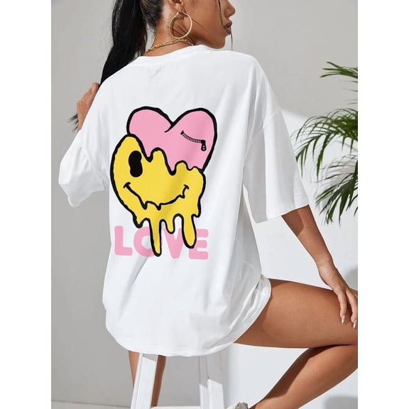 Cartoon And Letter Graphic Drop Shoulder Tee Casual and comfortable pure cotton short-sleeved shirt