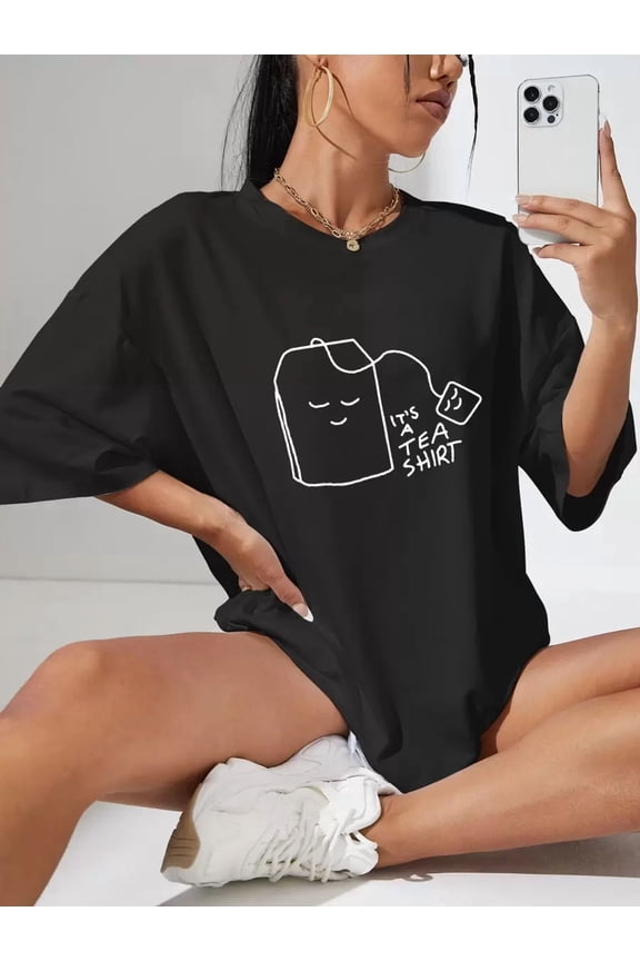 Cartoon And Slogan Graphic Drop Shoulder Oversized Tee IT'S A TEA SHIRT, Unisex