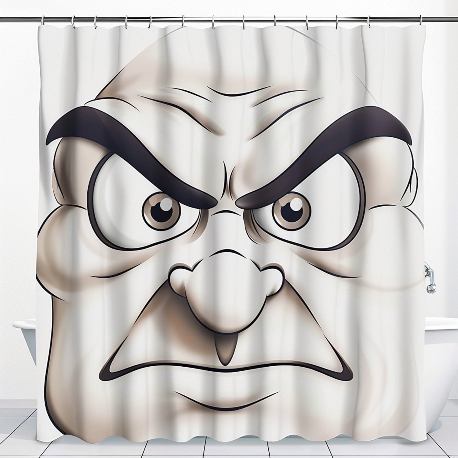 Cartoon Angry Face Shower Curtain With Big Eyes And Bald Head Design 