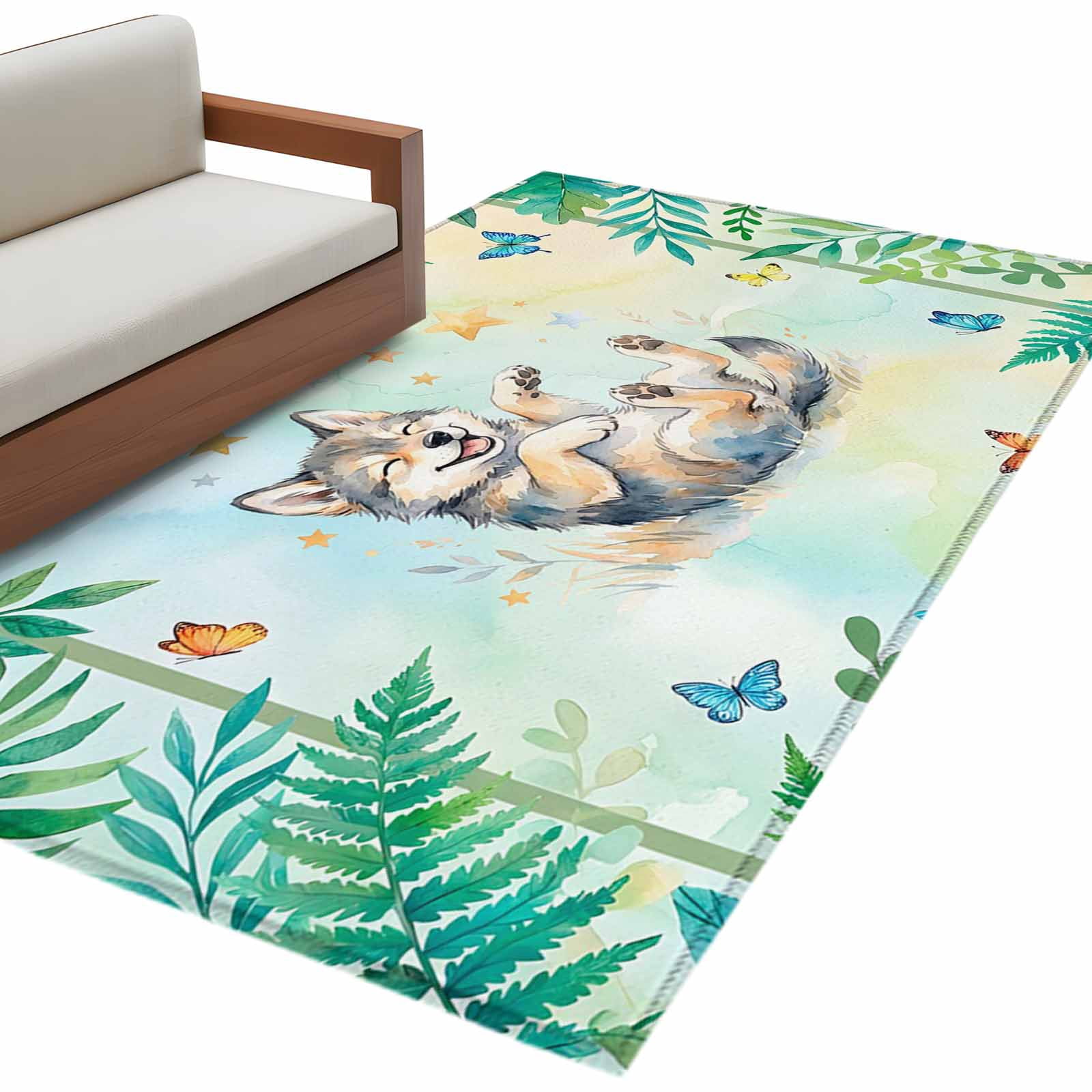 Cartoon Animal Area Rug 4x6 Washable Rug Non Slip Funny Wolf Summer ...